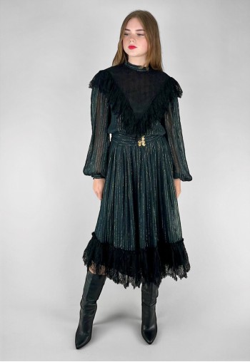 70's Vintage Black Gold Lurex Stripe Ruffle Lace Midi Dress
