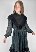 70's Vintage Black Gold Lurex Stripe Ruffle Lace Midi Dress