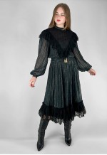 70's Vintage Black Gold Lurex Stripe Ruffle Lace Midi Dress