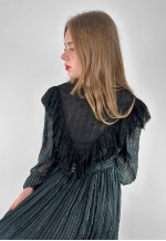 70's Vintage Black Gold Lurex Stripe Ruffle Lace Midi Dress