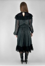 70's Vintage Black Gold Lurex Stripe Ruffle Lace Midi Dress