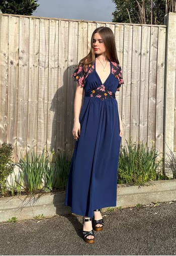 70's Vintage Blue Floral Halter Neck Caped Maxi Dress