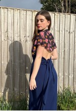 70's Vintage Blue Floral Halter Neck Caped Maxi Dress