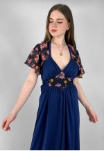 70's Vintage Blue Floral Halter Neck Caped Maxi Dress
