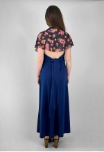 70's Vintage Blue Floral Halter Neck Caped Maxi Dress