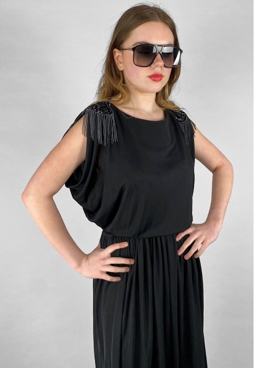 70's Radley Vintage Black Slinky Sequin Evening Dress
