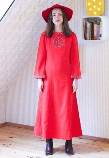 Bright red orange long wide sleeve vintage Indian dress