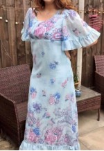 70s floaty floral boho ruffle hem maxi dress blue