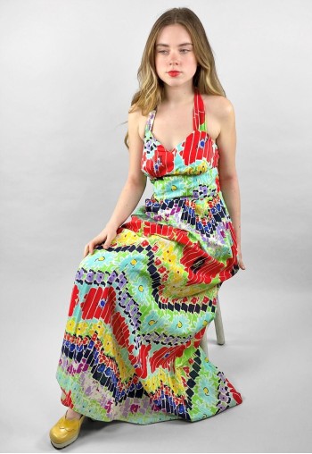 Vera Mont 70's Vintage Halter Neck Print Maxi Dress