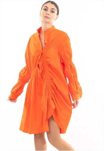 Asymmetry with Elasticated design cotton blend shirt dress