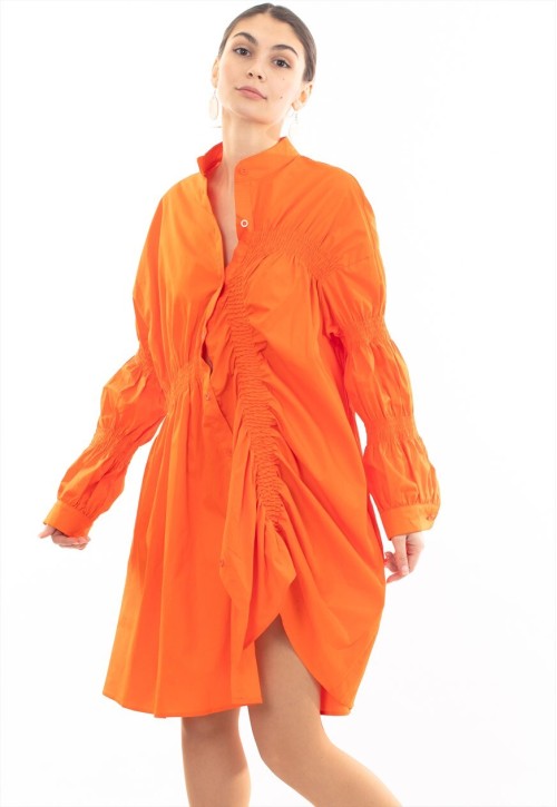 Asymmetry with Elasticated design cotton blend shirt dress