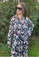 70's Vintage Lucie Linden Blue Floral Bell Sleeve Midi Dress