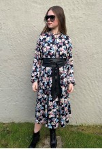 70's Vintage Lucie Linden Blue Floral Bell Sleeve Midi Dress