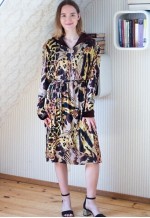 Brown and yellow animal print belted dress