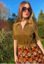 70's Vintage Gold Lurex Ladies Short Sleeve Maxi Dress